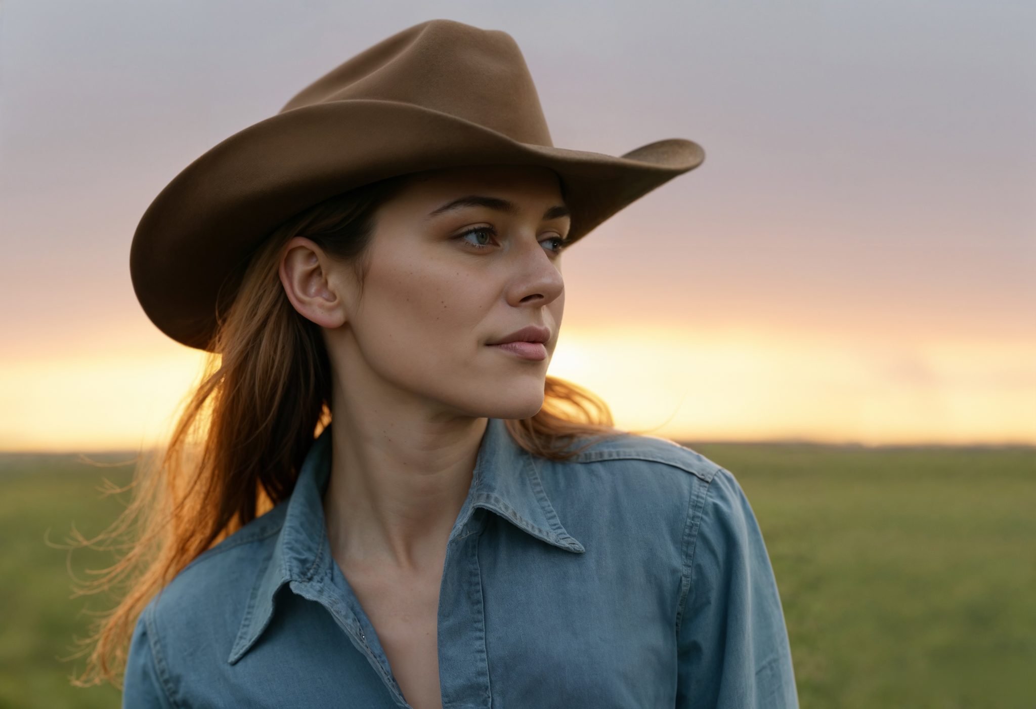 femme portant un chapeau cowboy avec le regard tourné