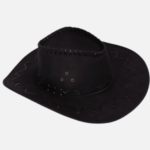 Chapeau cowboy noir déguisement avec couture zigzag sur le bord, lacets et œillets métalliques