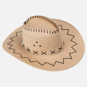 Chapeau cowboy beige déguisement avec couture zigzag sur le bord, lacets et œillets dorés