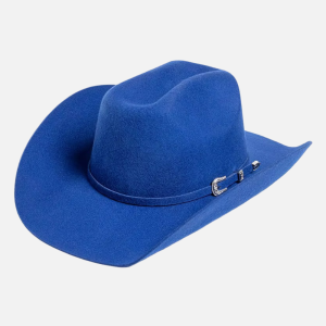 Chapeau cowboy bleu en feutre unisexe avec bande assortie et boucle argentée