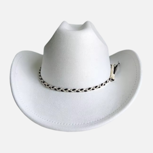 Chapeau cowboy effet daim homme femme blanc avec bande tressée noir, blanc et gris