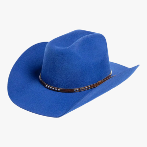 Chapeau cowboy feutre bleu avec cordon cuir marron