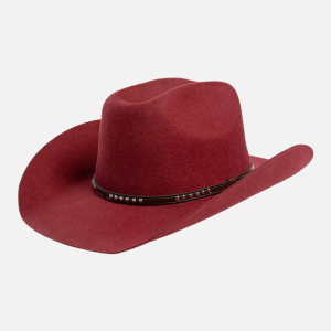 Chapeau cowboy feutre rouge avec cordon cuir marron
