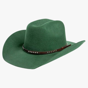 Chapeau cowboy feutre vert avec cordon cuir marron