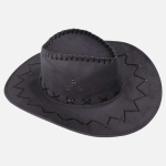 Chapeau cowboy gris déguisement avec couture zigzag sur le bord, lacets et œillets dorés