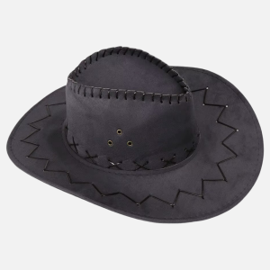 Chapeau cowboy gris déguisement avec couture zigzag sur le bord, lacets et œillets dorés