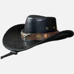 Chapeau cowboy homme cuir noir avec bande marron, tête de taureau longhorn en métal et cordon de menton