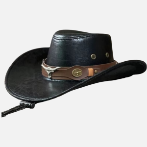 Chapeau cowboy homme cuir noir avec bande marron, tête de taureau longhorn en métal et cordon de menton