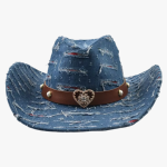 Chapeau cowboy jean déchiré bleu foncé avec bande cuir marron et boucle cœur perlée