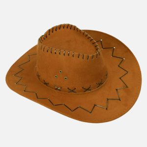 Chapeau cowboy marron déguisement avec couture zigzag sur le bord, lacets et œillets dorés