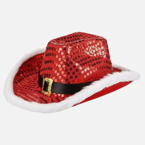 Chapeau cowboy Noël à paillettes rouges avec bordure blanche fourrée et boucle dorée
