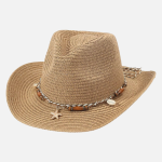 Chapeau cowboy plage marron clair en paille avec cordelette tressée, perles en bois, coquillages et étoile de mer