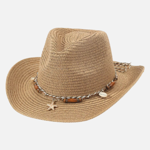 Chapeau cowboy plage marron clair en paille avec cordelette tressée, perles en bois, coquillages et étoile de mer