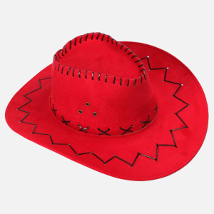 Chapeau cowboy rouge déguisement avec couture zigzag sur le bord, lacets et œillets dorés