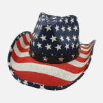 Chapeau cowboy USA motif drapeau américain avec bande cuir noir et étoiles métalliques