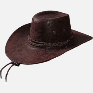 Chapeau de cowboy western marron foncé effet cuir vieilli avec cordelette torsadée et cordon de menton
