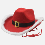 Chapeau de cowboy Noël femme rouge avec bordure blanche fourrée et boucle dorée