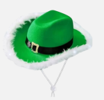 Chapeau de cowboy Noël femme vert avec bordure blanche duveteuse et boucle dorée