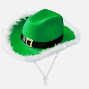 Chapeau de cowboy Noël femme vert avec bordure blanche duveteuse et boucle dorée
