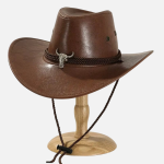 Chapeau de cowboy texan cuir marron avec corde torsadée, crâne de taureau en métal et cordon de menton