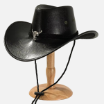 Chapeau de cowboy texan cuir noir avec corde torsadée, crâne de taureau en métal et cordon de menton