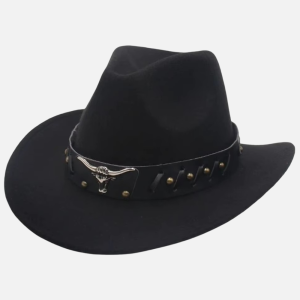Chapeau de cowboy texan noir avec bande cuir noire, tête de taureau longhorn en métal et clous dorés