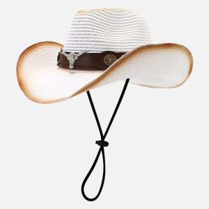 Chapeau de paille cowboy blanc avec cordon noir, bord dégradé marron et tête de taureau longhorn en métal