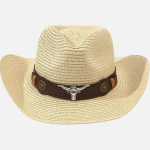 Chapeau de paille cowboy femme beige avec bande marron, tête de taureau longhorn en métal et deux médaillons