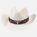Chapeau de paille cowboy femme blanc avec bande marron, tête de taureau longhorn en métal et deux médaillons