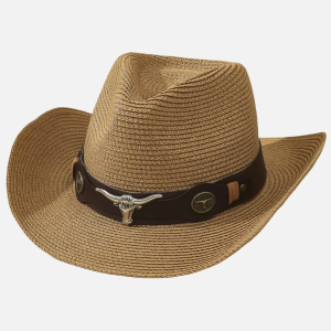 Chapeau de paille cowboy femme marron avec bande marron foncé, tête de taureau longhorn en métal et deux médaillons