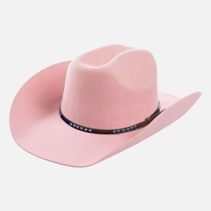 Chapeau cowboy feutre rose avec cordon cuir marron